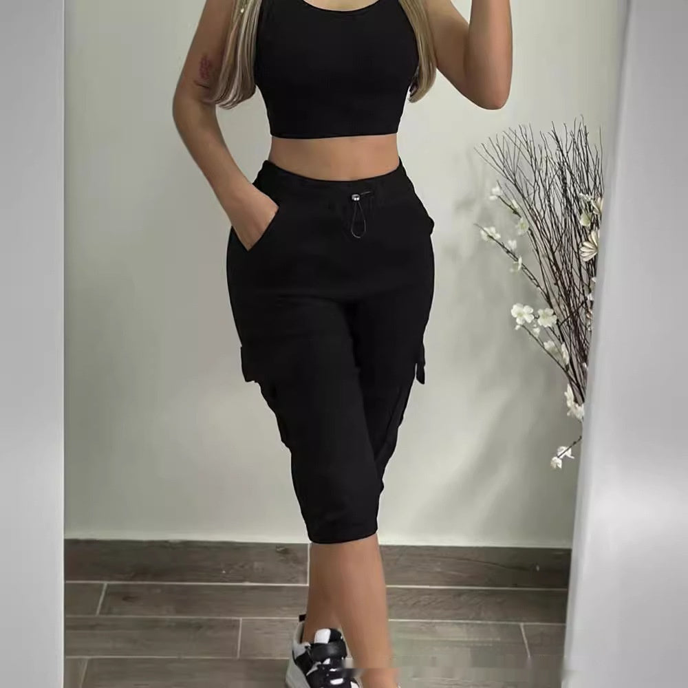 Casual Patch Pocket Elastic Cropped Pants - 4 colours.